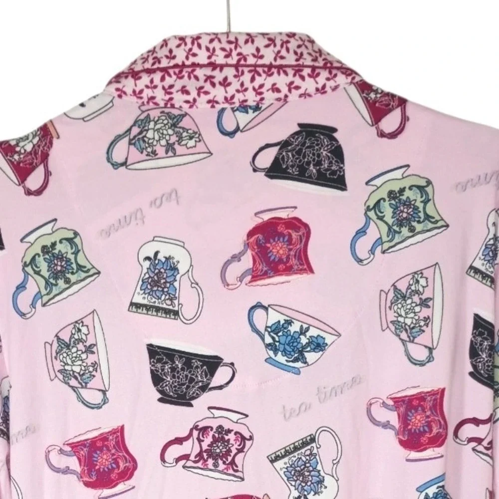 Flora Nikrooz Pink Tea Time Teacup Print Pajama Top Long‎ Sleeve Button Down M
